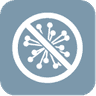 Symbol für Hygiene mit einem durchgestrichenen Virus auf blauem Hintergrund.
