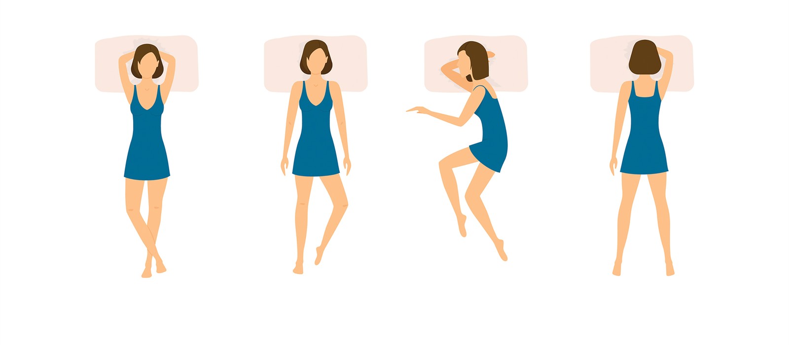 Illustration von vier Schlafpositionen einer Frau in einem Nachthemd auf einem Bett.