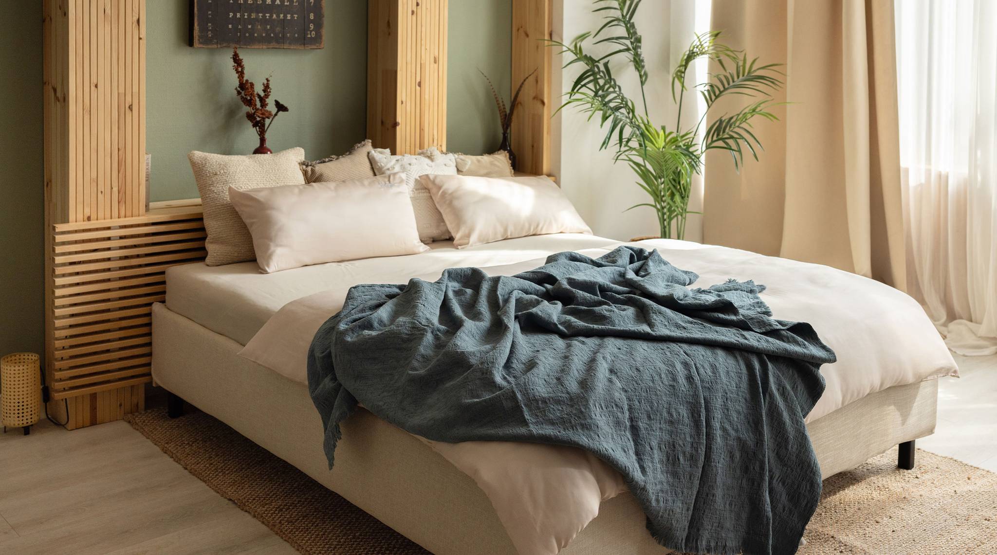 Gemütliches Schlafzimmer mit einem Bett, dekorativen Kissen, einer Decke und einer Zimmerpflanze.